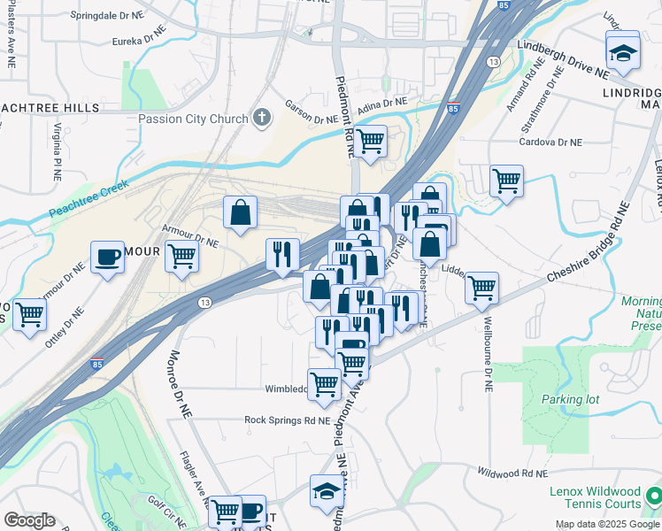 map of restaurants, bars, coffee shops, grocery stores, and more near 1944 Piedmont Circle Northeast in Atlanta