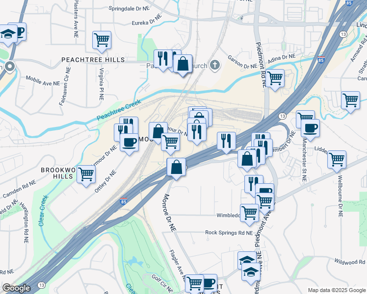 map of restaurants, bars, coffee shops, grocery stores, and more near 415 Armour Drive Northeast in Atlanta