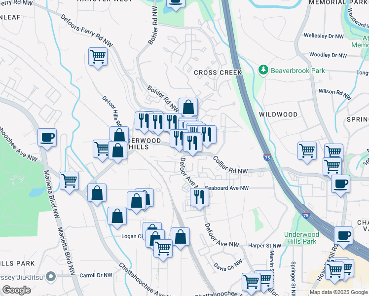 map of restaurants, bars, coffee shops, grocery stores, and more near 1209 Collier Road Northwest in Atlanta