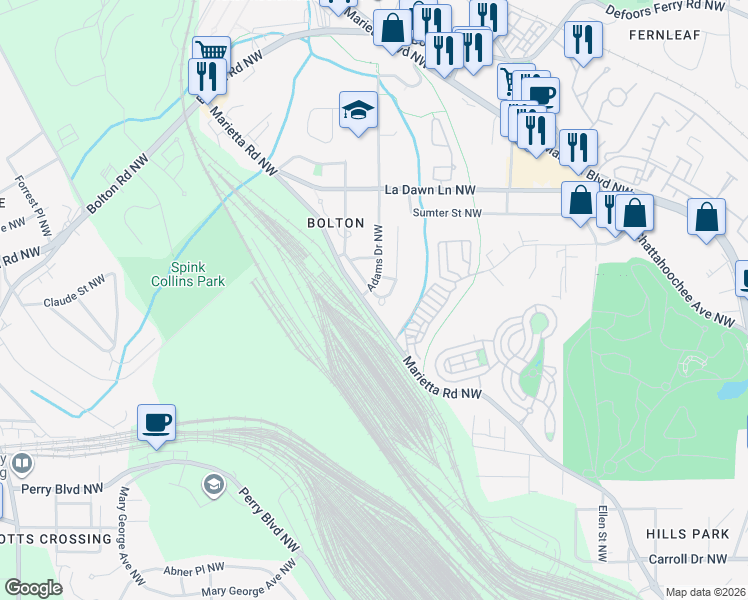 map of restaurants, bars, coffee shops, grocery stores, and more near 2068 Adams Overlook Northwest in Atlanta