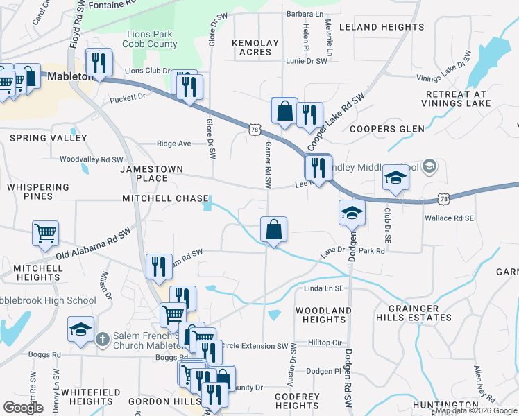 map of restaurants, bars, coffee shops, grocery stores, and more near 5862 Garner Road Southwest in Mableton