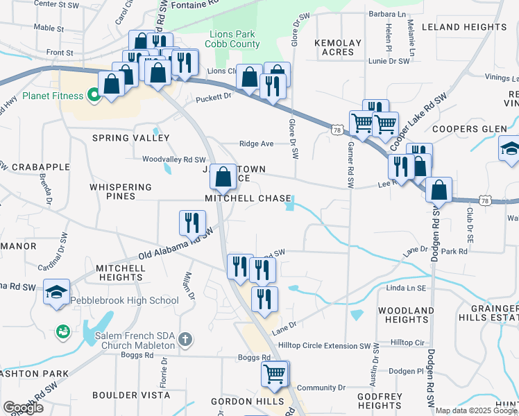 map of restaurants, bars, coffee shops, grocery stores, and more near 5815 Mitchell Chase Trail in Mableton