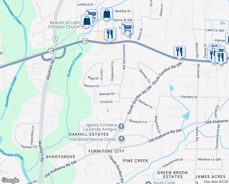 map of restaurants, bars, coffee shops, grocery stores, and more near 1908 Brenda Drive in Austell