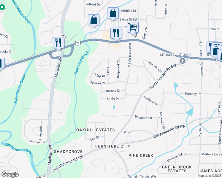 map of restaurants, bars, coffee shops, grocery stores, and more near 1944 Brenda Drive in Austell