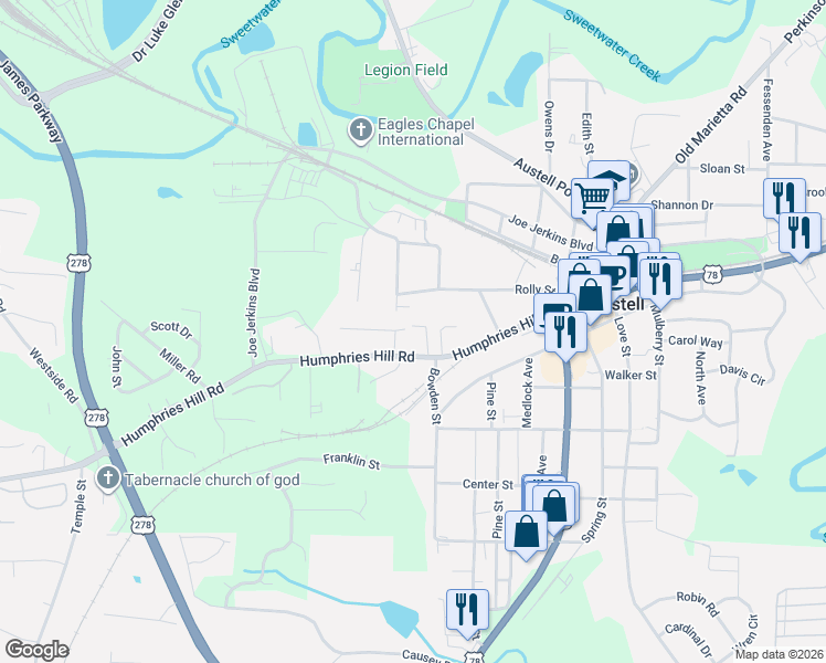 map of restaurants, bars, coffee shops, grocery stores, and more near 3006 Humphries Hill Road in Austell