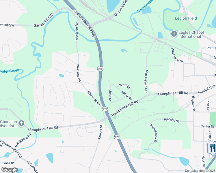 map of restaurants, bars, coffee shops, grocery stores, and more near 5890 John Street in Austell