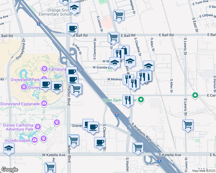 map of restaurants, bars, coffee shops, grocery stores, and more near 547 Cherry Street in Anaheim