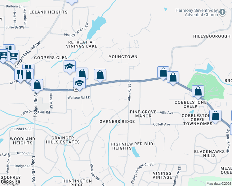 map of restaurants, bars, coffee shops, grocery stores, and more near 269 Heathridge Lane Southeast in Mableton