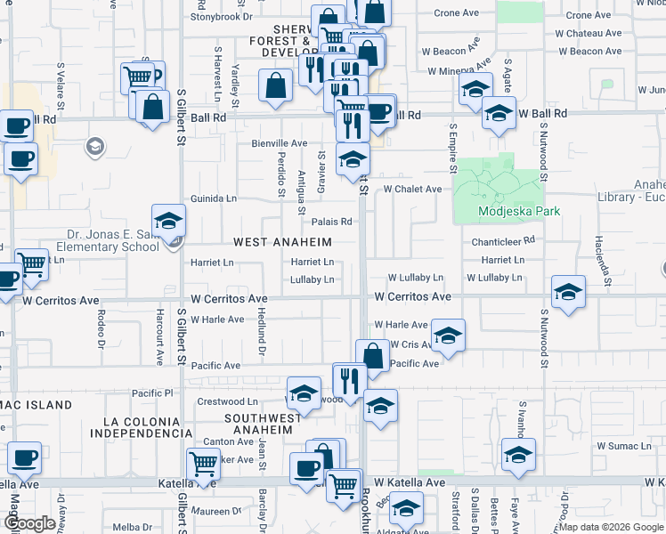 map of restaurants, bars, coffee shops, grocery stores, and more near 9902 Harriet Lane in Anaheim