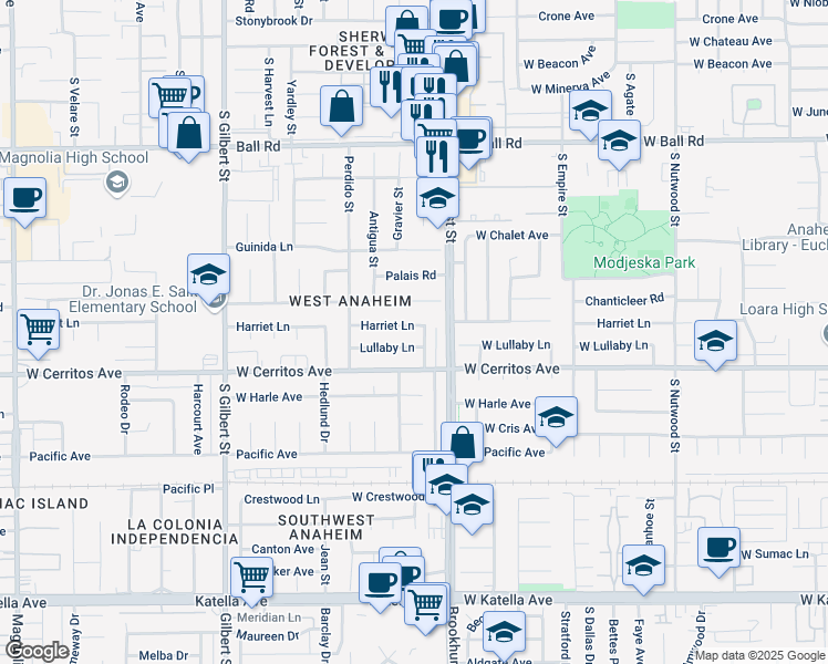 map of restaurants, bars, coffee shops, grocery stores, and more near 9902 Harriet Lane in Anaheim
