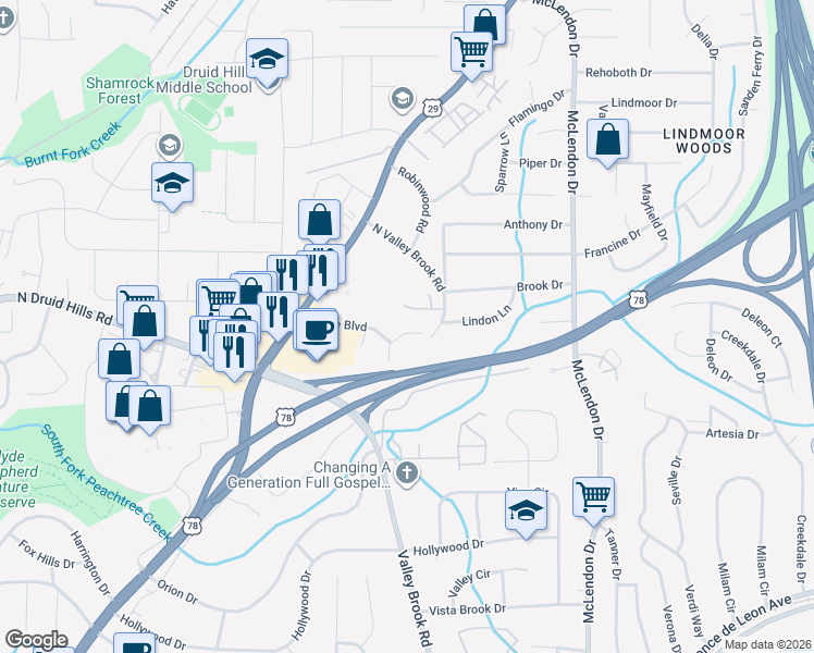 map of restaurants, bars, coffee shops, grocery stores, and more near 2064 Brian Way in Decatur