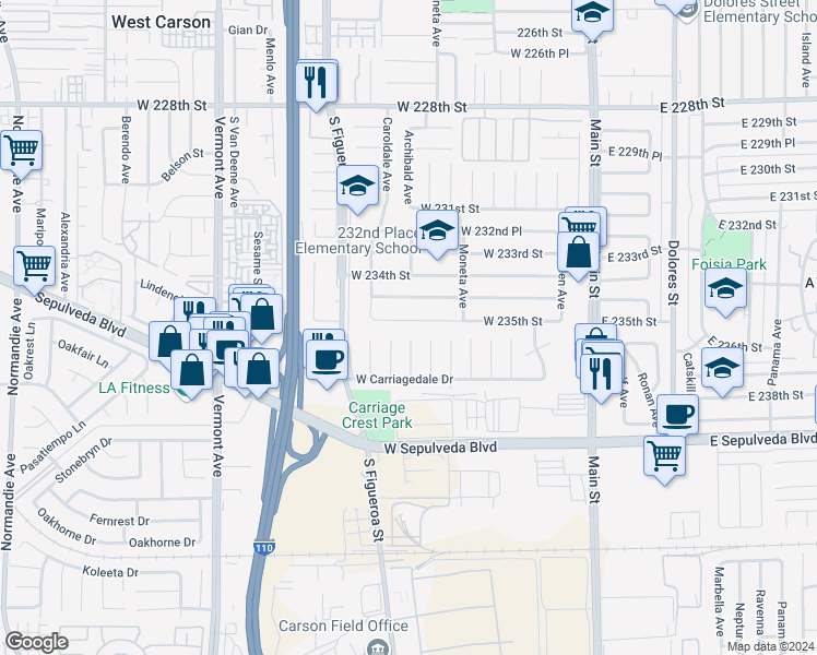 map of restaurants, bars, coffee shops, grocery stores, and more near 408 West 235th Street in Carson