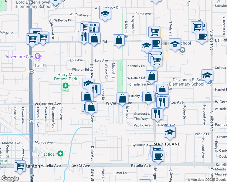 map of restaurants, bars, coffee shops, grocery stores, and more near 8662 Harriet Lane in Stanton