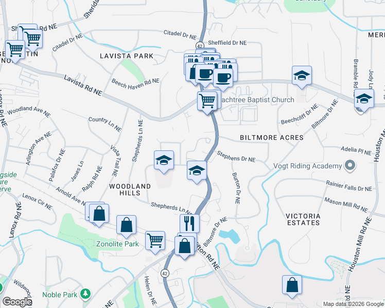 map of restaurants, bars, coffee shops, grocery stores, and more near 1117 Weatherstone Drive Northeast in Atlanta