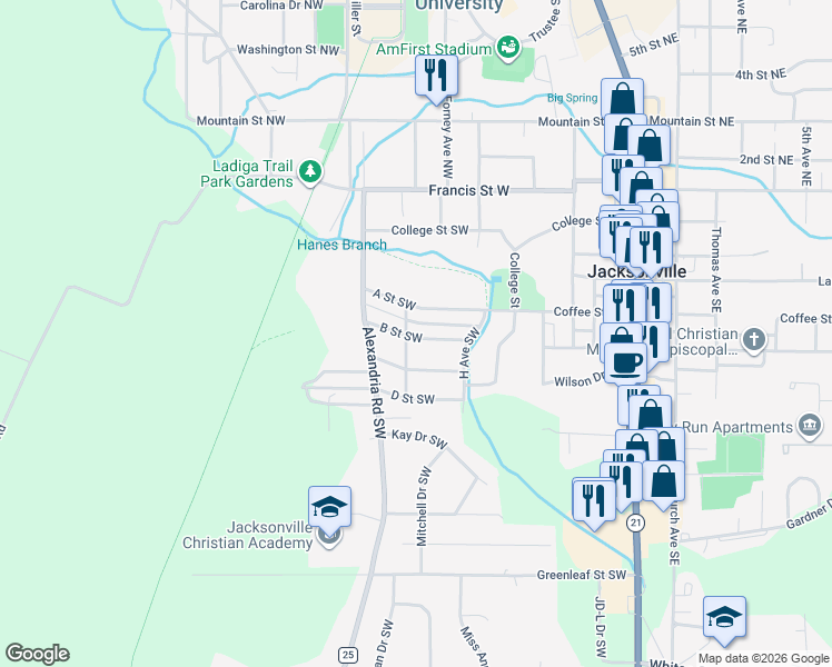 map of restaurants, bars, coffee shops, grocery stores, and more near 58 B Street Southwest in Jacksonville
