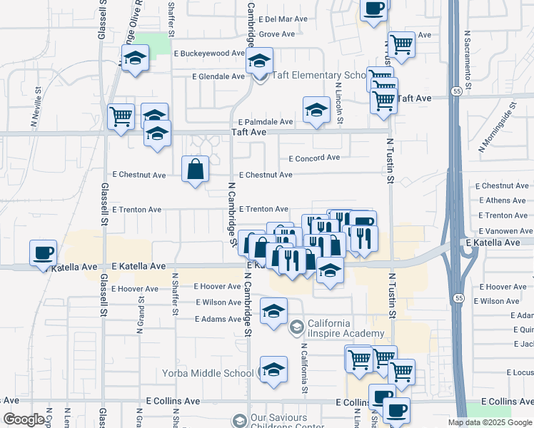 map of restaurants, bars, coffee shops, grocery stores, and more near 1046 East Trenton Avenue in Orange