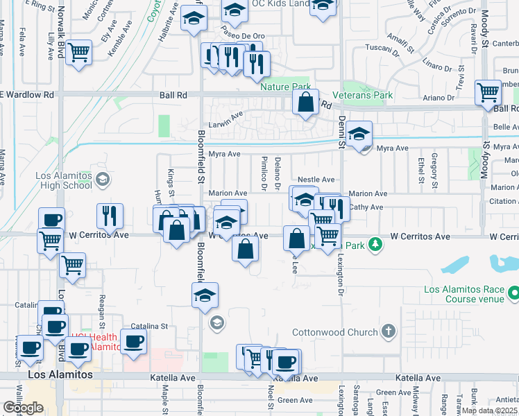 map of restaurants, bars, coffee shops, grocery stores, and more near 10424 Santa Rita Street in Cypress