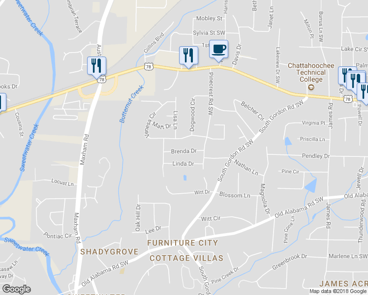map of restaurants, bars, coffee shops, grocery stores, and more near 1944 Brenda Drive in Austell