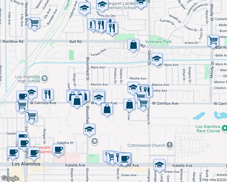 map of restaurants, bars, coffee shops, grocery stores, and more near 10424 Santa Rita Street in Cypress