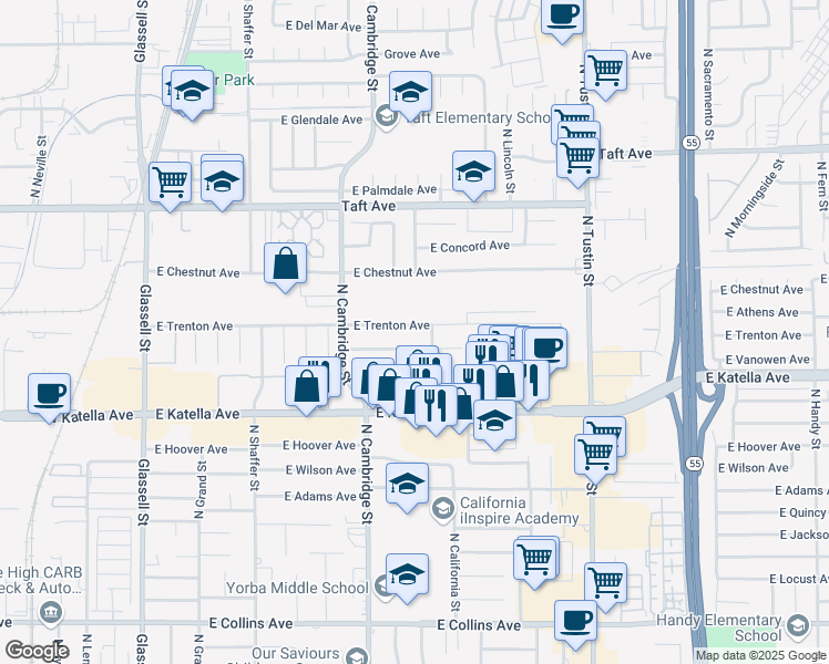 map of restaurants, bars, coffee shops, grocery stores, and more near 1126 East Trenton Avenue in Orange
