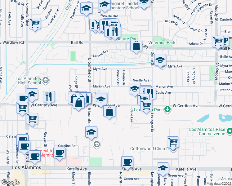 map of restaurants, bars, coffee shops, grocery stores, and more near 10424 Santa Rita Street in Cypress