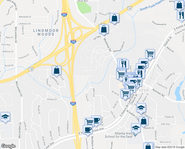 map of restaurants, bars, coffee shops, grocery stores, and more near 3490 Casa Woods Lane in Clarkston