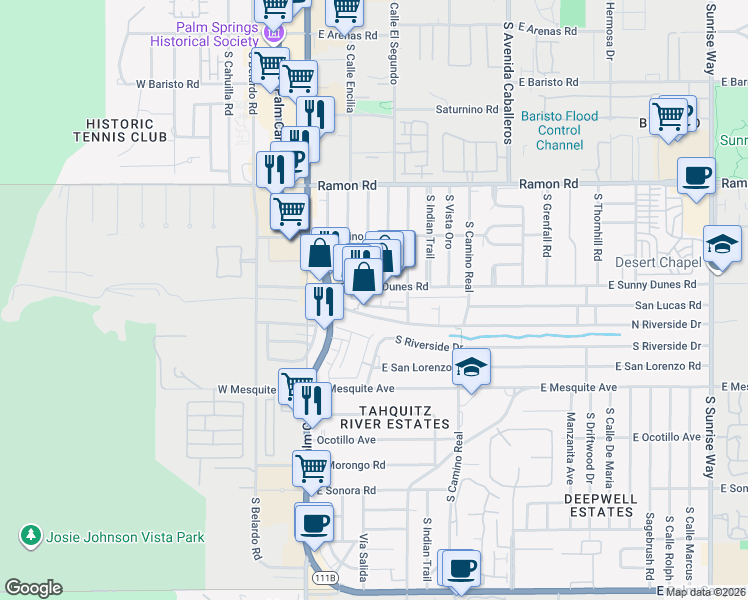 map of restaurants, bars, coffee shops, grocery stores, and more near 530 Industrial Place in Palm Springs