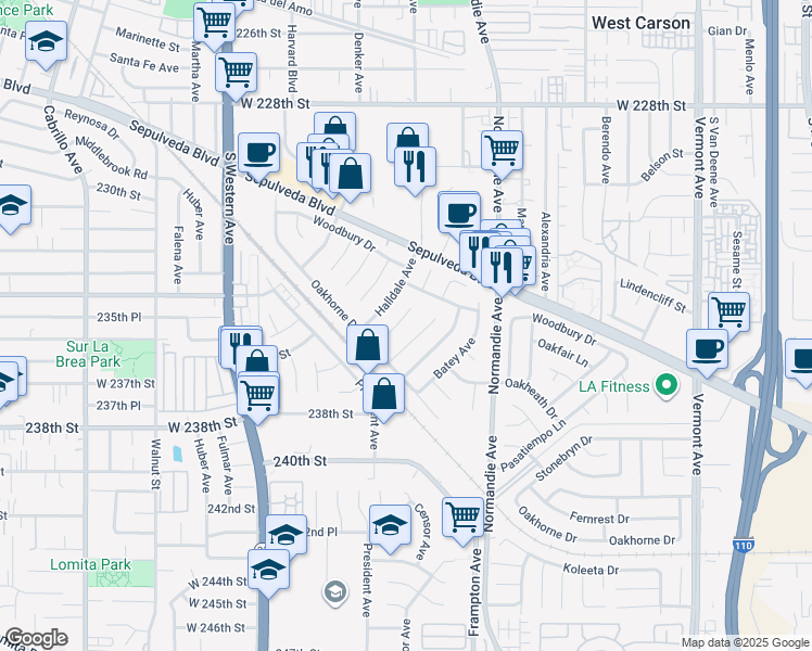 map of restaurants, bars, coffee shops, grocery stores, and more near 23420 Sidlee Place in Los Angeles