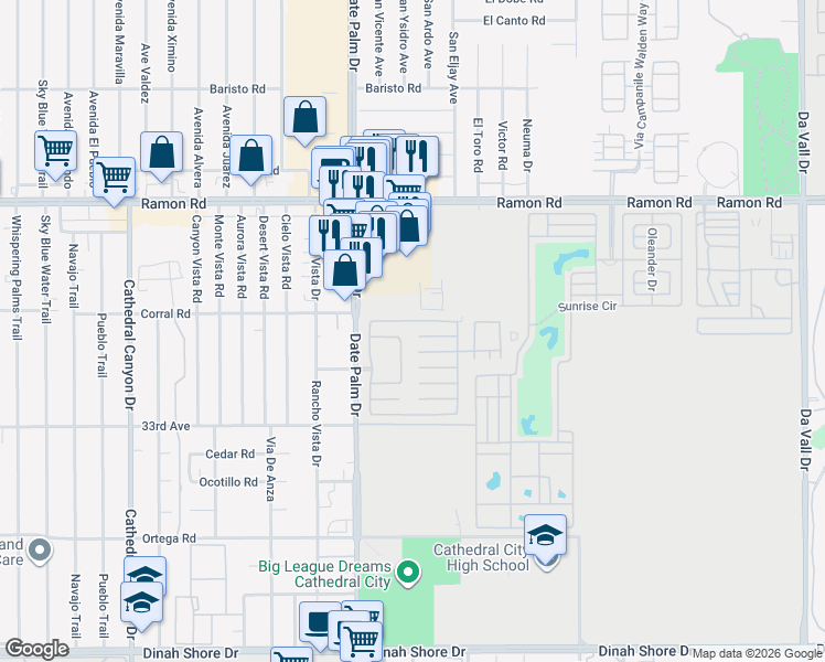 map of restaurants, bars, coffee shops, grocery stores, and more near 1142 Vía Feliz in Cathedral City