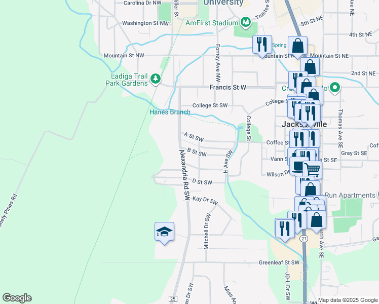 map of restaurants, bars, coffee shops, grocery stores, and more near 56 B Street Southwest in Jacksonville