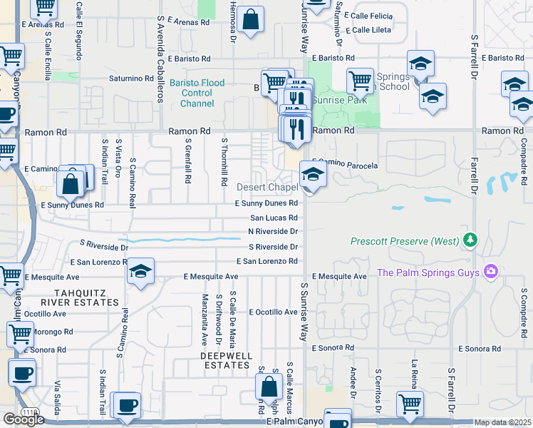 map of restaurants, bars, coffee shops, grocery stores, and more near 1471 San Lucas Road in Palm Springs