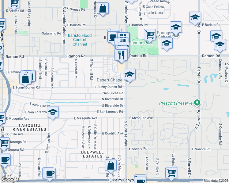 map of restaurants, bars, coffee shops, grocery stores, and more near 1554 San Lucas Road in Palm Springs