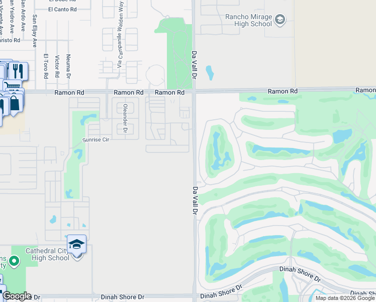 map of restaurants, bars, coffee shops, grocery stores, and more near 102 Vía Las Flores in Rancho Mirage