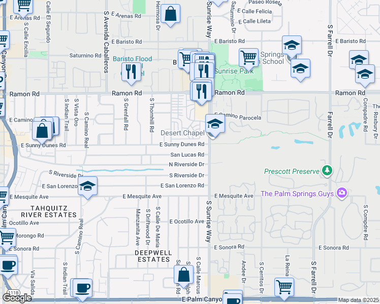 map of restaurants, bars, coffee shops, grocery stores, and more near 1554 San Lucas Road in Palm Springs