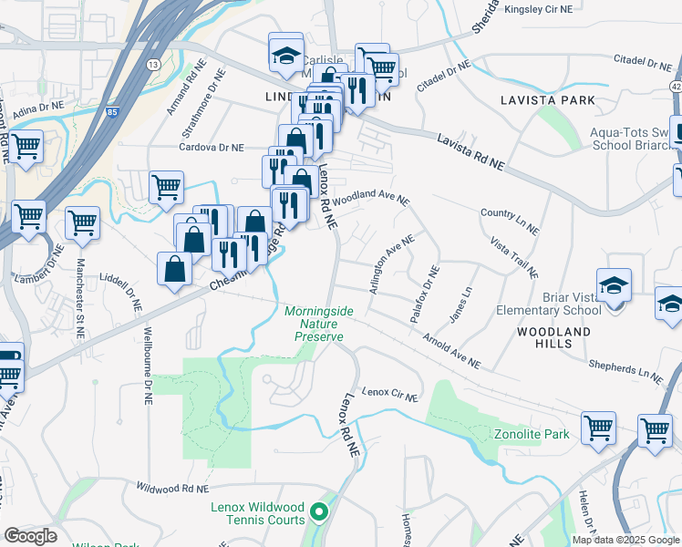 map of restaurants, bars, coffee shops, grocery stores, and more near 2089 Lenox Road Northeast in Atlanta