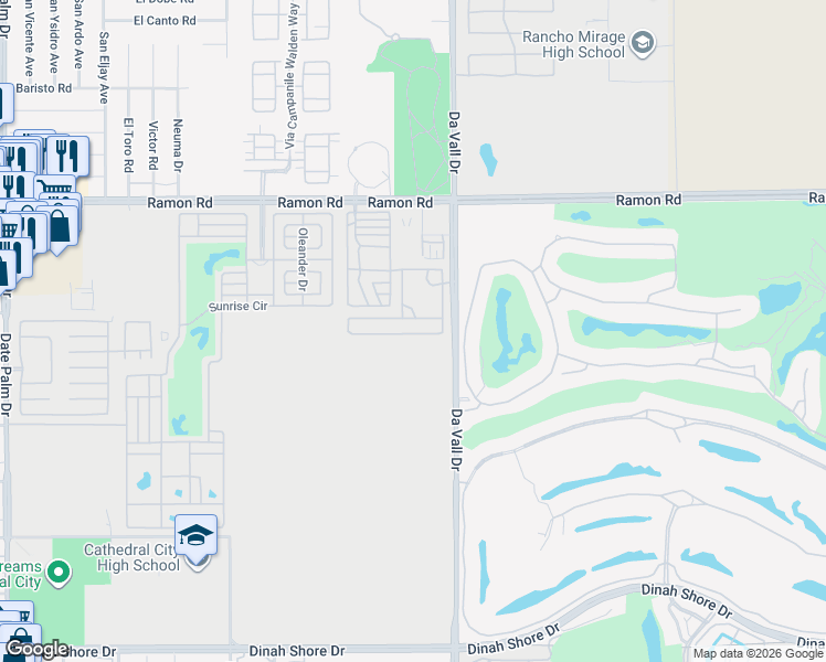 map of restaurants, bars, coffee shops, grocery stores, and more near 69801 Ramon Road in Cathedral City