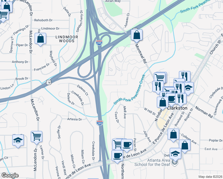 map of restaurants, bars, coffee shops, grocery stores, and more near 3450 Casa Woods Lane in Clarkston