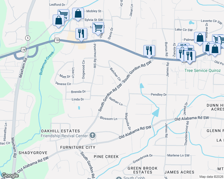 map of restaurants, bars, coffee shops, grocery stores, and more near 5874 South Gordon Road Southwest in Austell
