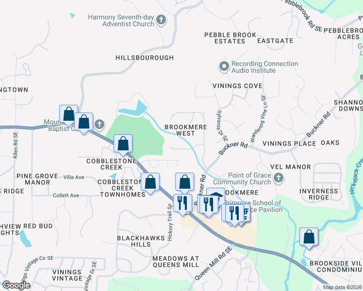 map of restaurants, bars, coffee shops, grocery stores, and more near 770 Creek Glen Road Southeast in Mableton