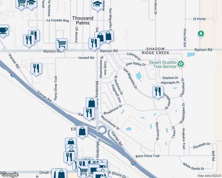 map of restaurants, bars, coffee shops, grocery stores, and more near 32610 Southern Hills Avenue in Thousand Palms