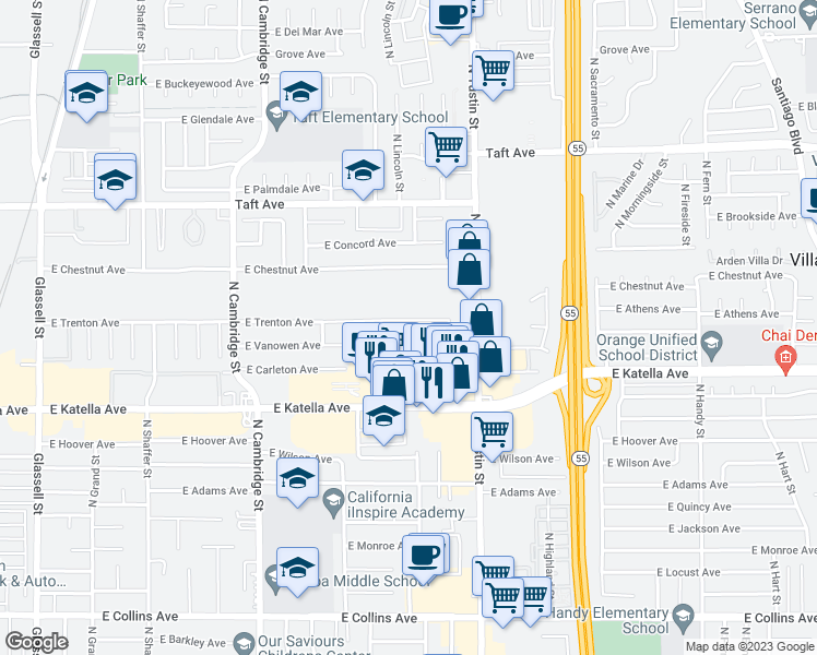 map of restaurants, bars, coffee shops, grocery stores, and more near 1424 East Trenton Avenue in Orange