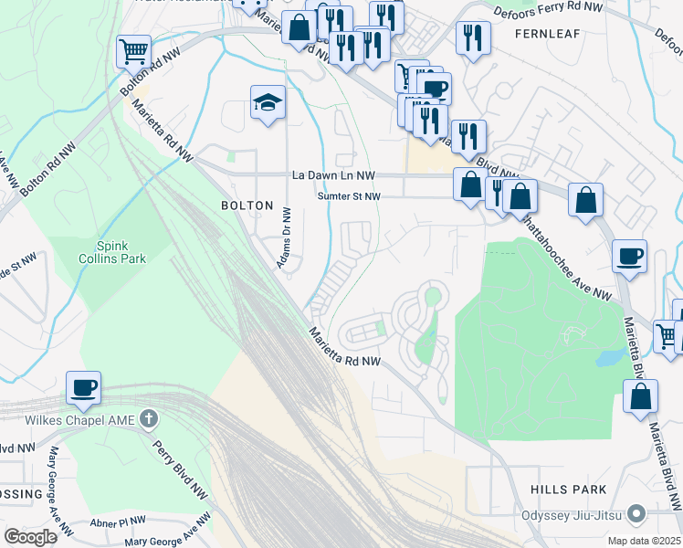 map of restaurants, bars, coffee shops, grocery stores, and more near 1914 Coal Place in Atlanta