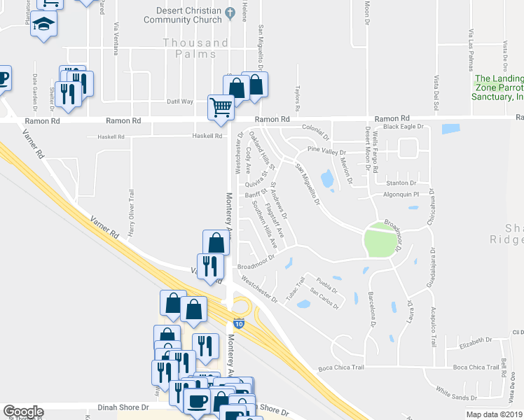 map of restaurants, bars, coffee shops, grocery stores, and more near 32610 Southern Hills Avenue in Thousand Palms