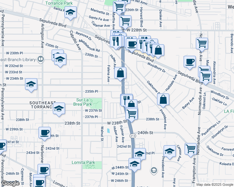 map of restaurants, bars, coffee shops, grocery stores, and more near 1711 236th Street in Torrance