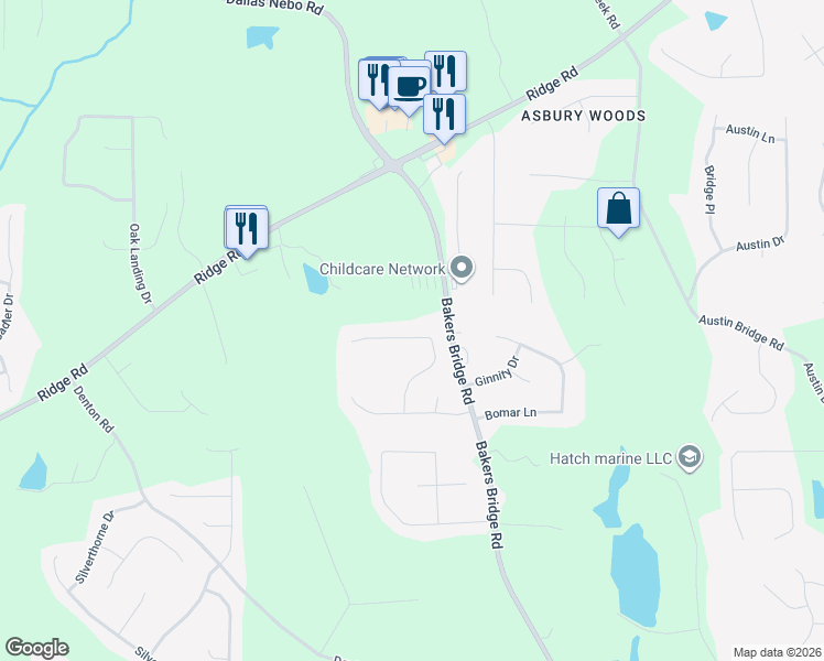 map of restaurants, bars, coffee shops, grocery stores, and more near 250 Clear Brook Trail in Douglasville