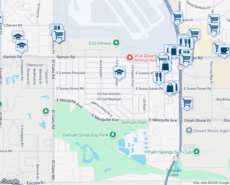 map of restaurants, bars, coffee shops, grocery stores, and more near 4083 Calle San Antonio in Palm Springs