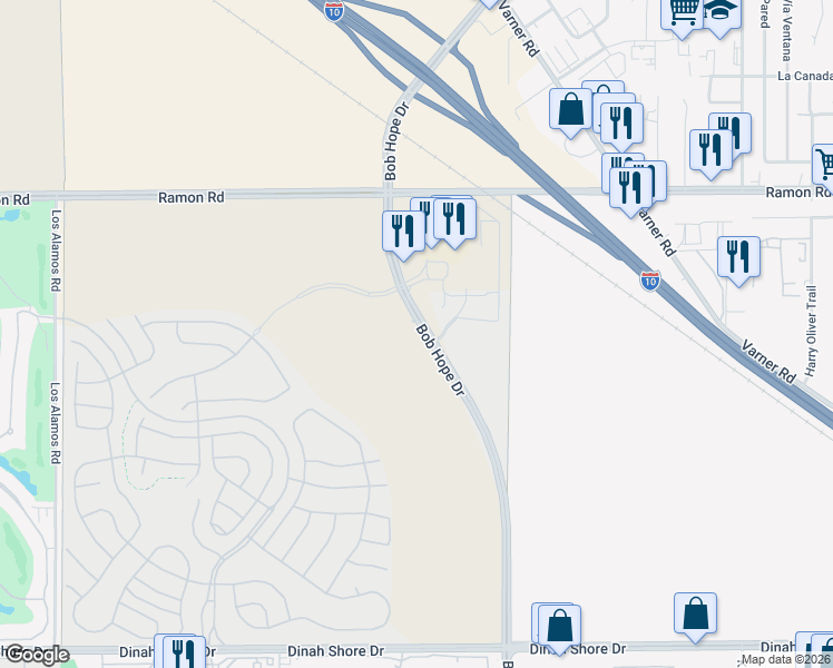 map of restaurants, bars, coffee shops, grocery stores, and more near 2481 Bob Hope Drive in Rancho Mirage