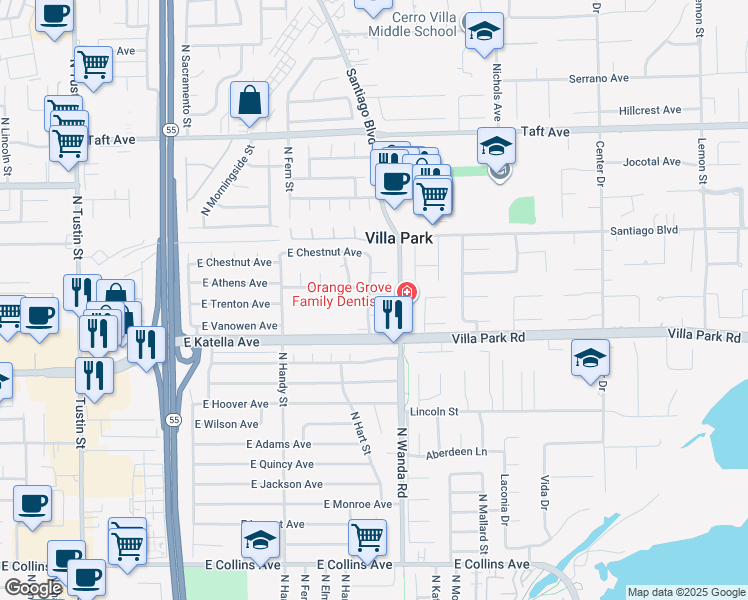 map of restaurants, bars, coffee shops, grocery stores, and more near 2902 East Trenton Avenue in Orange
