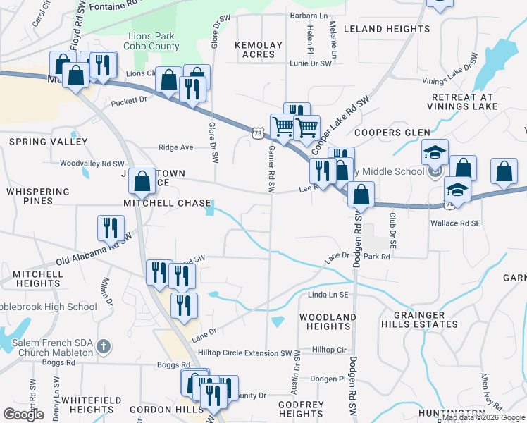 map of restaurants, bars, coffee shops, grocery stores, and more near 5862 Garner Road Southwest in Mableton