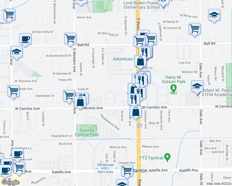 map of restaurants, bars, coffee shops, grocery stores, and more near 7822 1st Street in Stanton